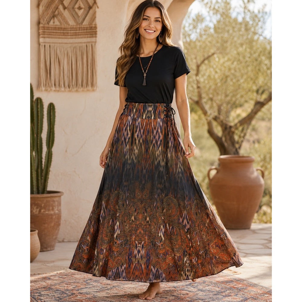 Siberian Modal Maxi Skirt M EU 40 Boho Ikat Lace Up Waist Lined Brazil Aline